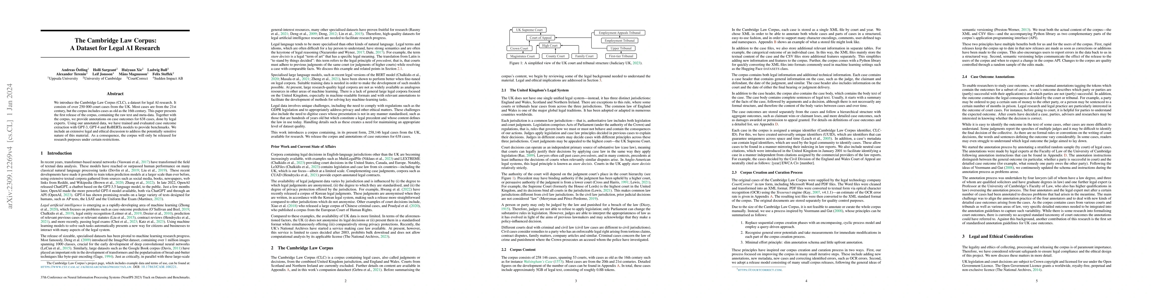 Thumbnail for The Cambridge Law Corpus: A Dataset for Legal AI Research