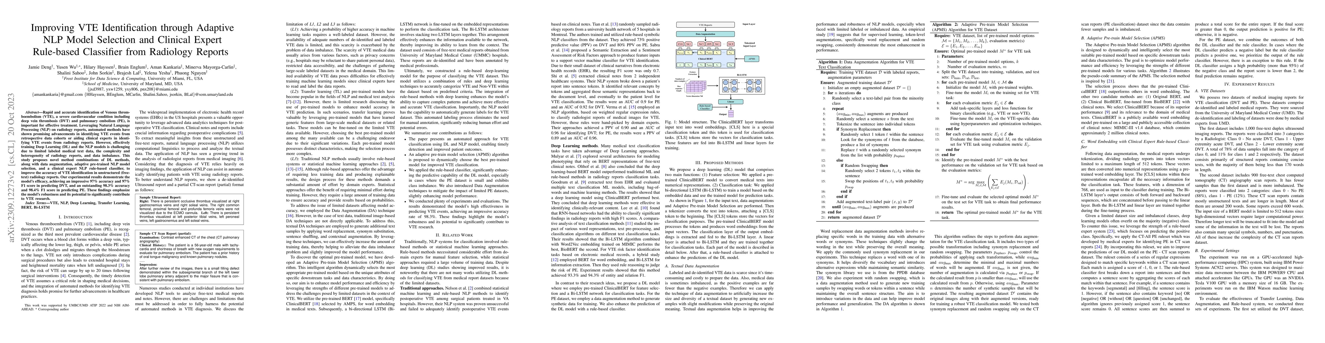 Thumbnail for Improving VTE Identification through Adaptive NLP Model Selection and
  Clinical Expert Rule-based Classifier from Radiology Reports