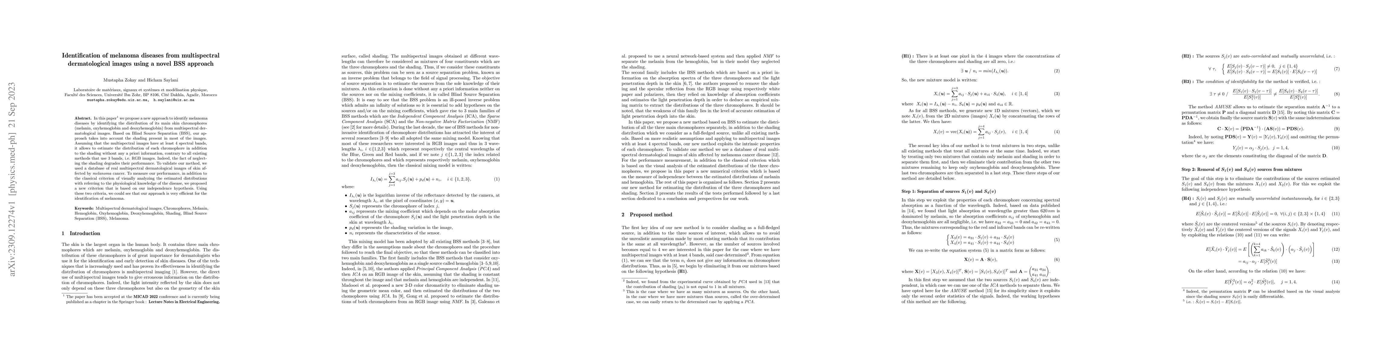 Thumbnail for Identification of melanoma diseases from multispectral dermatological
  images using a novel BSS approach