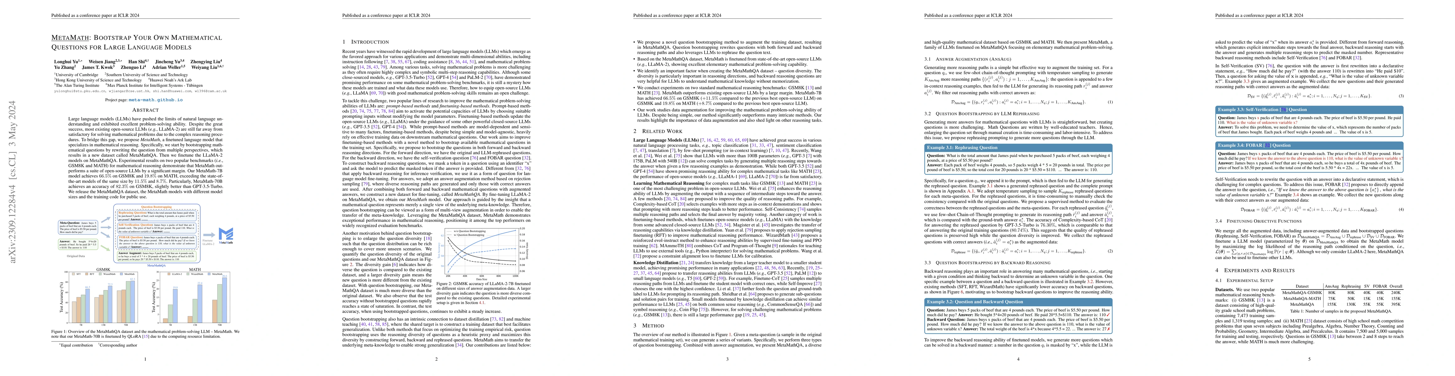 Thumbnail for MetaMath: Bootstrap Your Own Mathematical Questions for Large Language
  Models