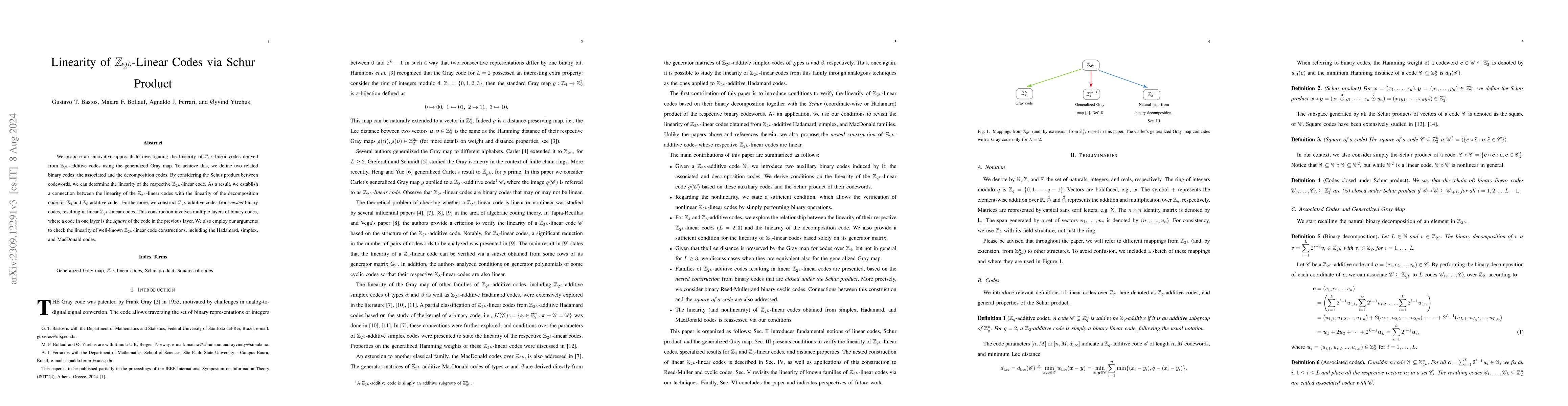 Thumbnail for Linearity of $\mathbb{Z}_{2^L}$-Linear Codes via Schur Product