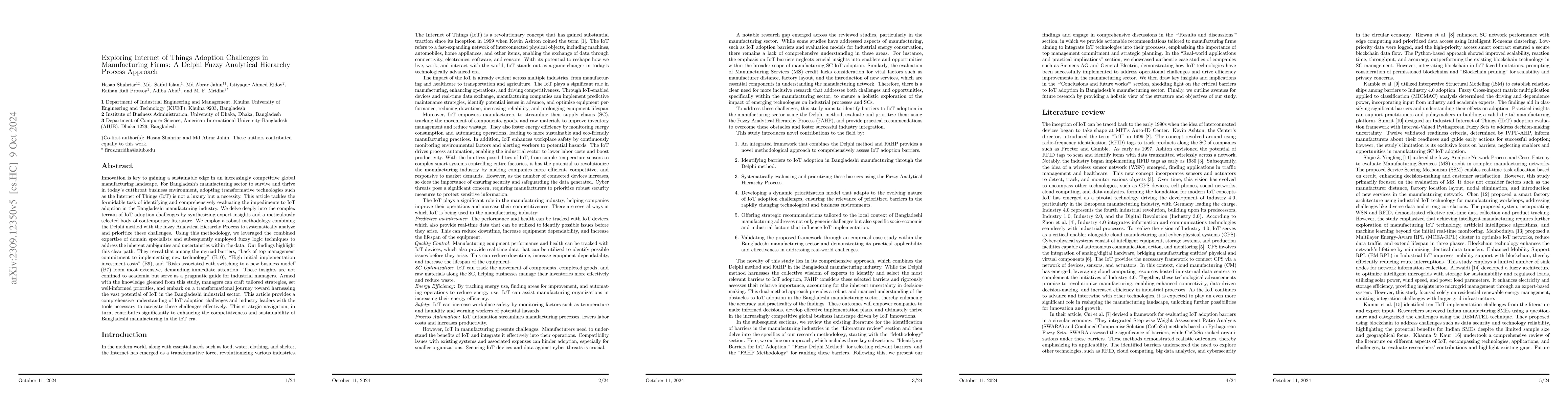 Thumbnail for Exploring Internet of Things Adoption Challenges in Manufacturing Firms:
  A Delphi Fuzzy Analytical Hierarchy Process Approach