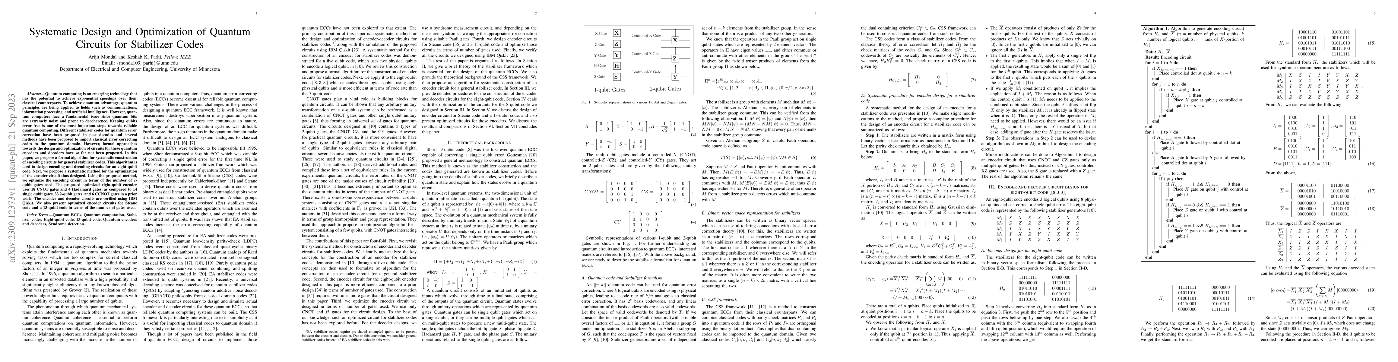 Thumbnail for Systematic Design and Optimization of Quantum Circuits for Stabilizer
  Codes