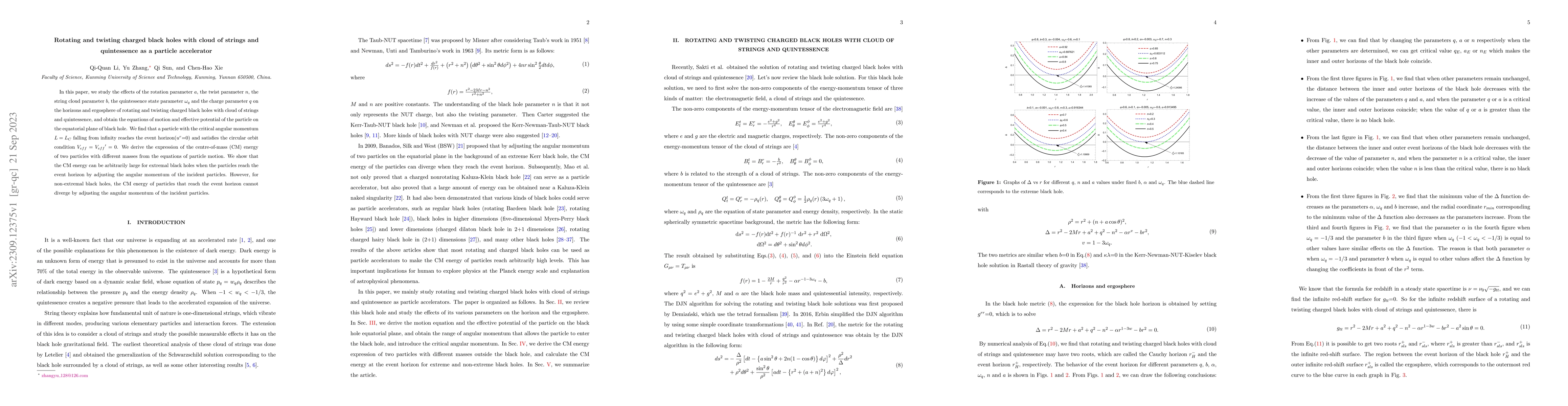 Thumbnail for Rotating and twisting charged black holes with cloud of strings and
  quintessence as a particle accelerator