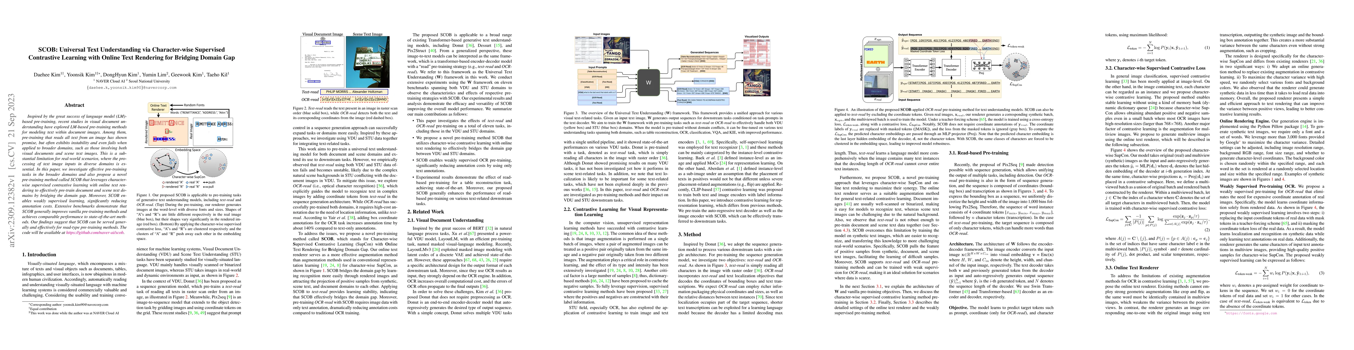 Thumbnail for SCOB: Universal Text Understanding via Character-wise Supervised
  Contrastive Learning with Online Text Rendering for Bridging Domain Gap