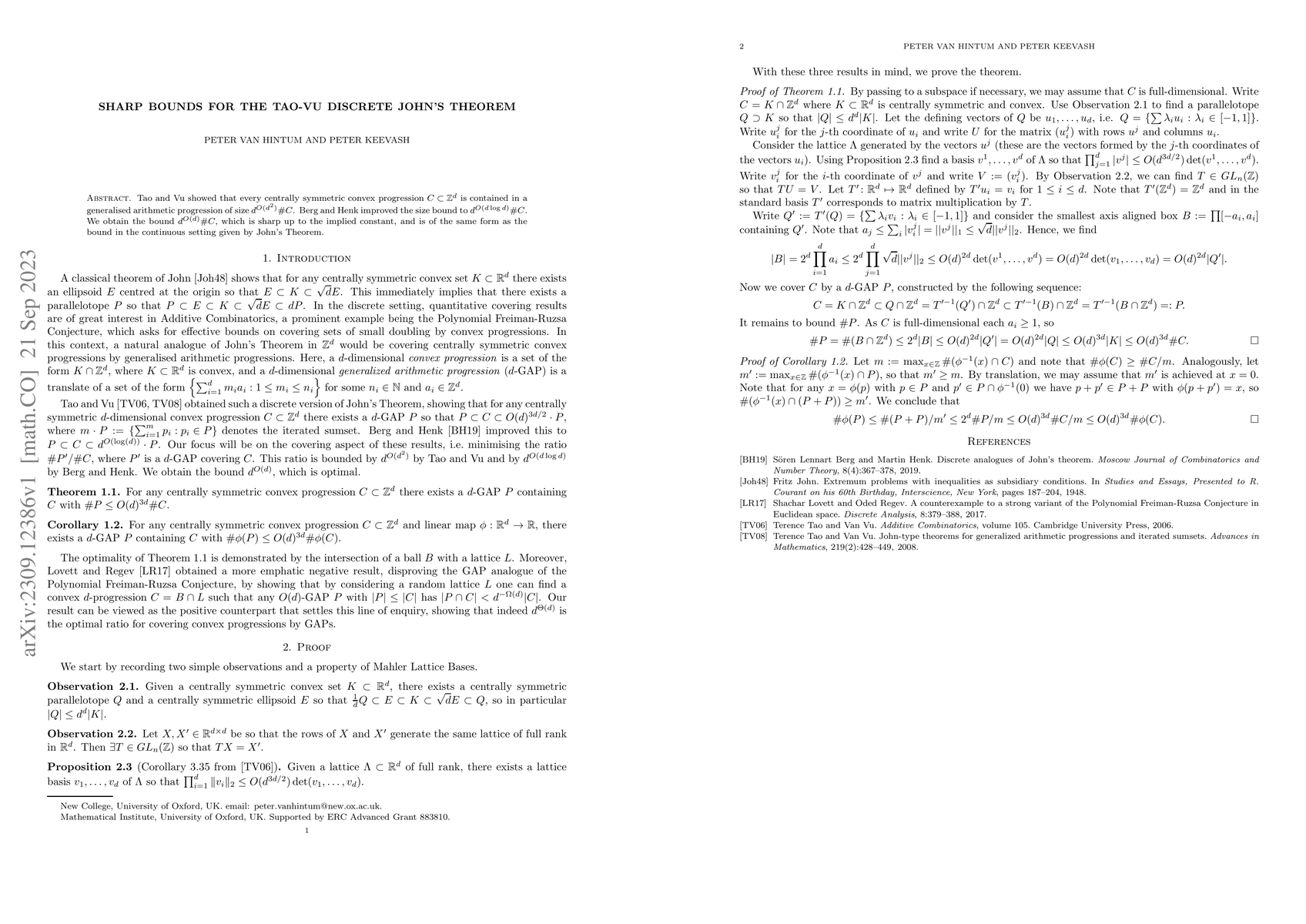 Thumbnail for Sharp bounds for the Tao-Vu Discrete John's Theorem