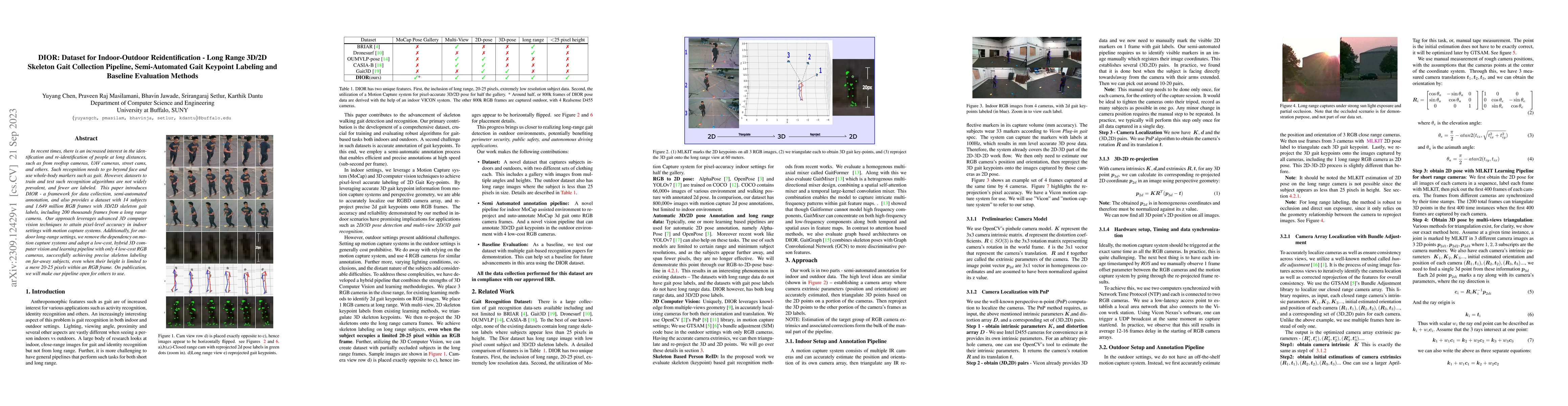 Thumbnail for DIOR: Dataset for Indoor-Outdoor Reidentification -- Long Range 3D/2D
  Skeleton Gait Collection Pipeline, Semi-Automated Gait Keypoint Labeling and
  Baseline Evaluation Methods