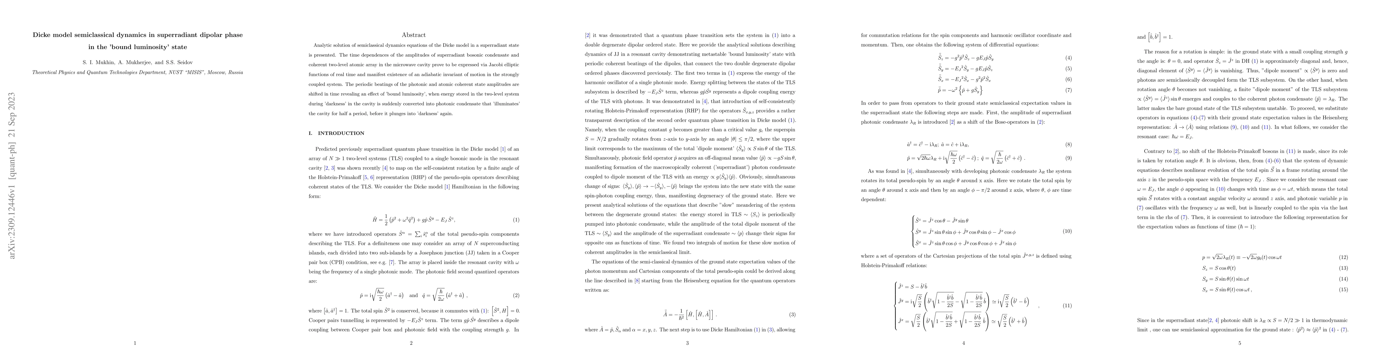 Thumbnail for Dicke model semiclassical dynamics in superradiant dipolar phase in the
  'bound luminosity' state
