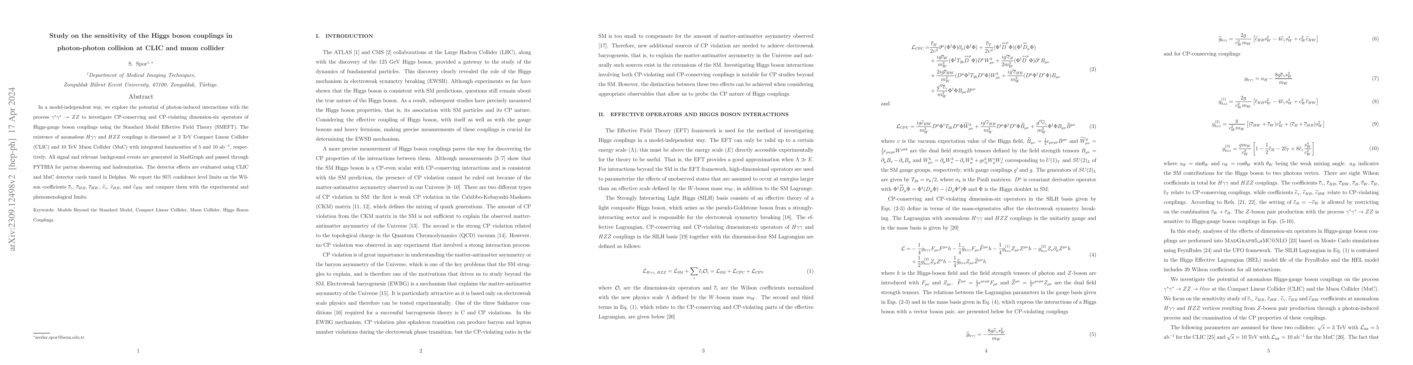 Thumbnail for Study on the sensitivity of the Higgs boson couplings in photon-photon
  collision at CLIC and muon collider