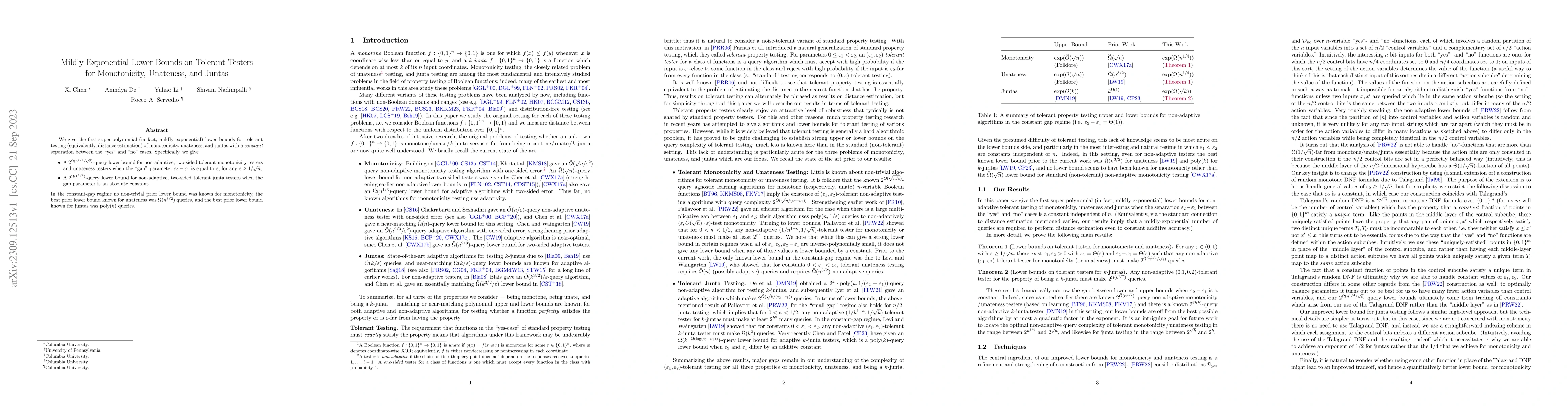 Thumbnail for Mildly Exponential Lower Bounds on Tolerant Testers for Monotonicity,
  Unateness, and Juntas