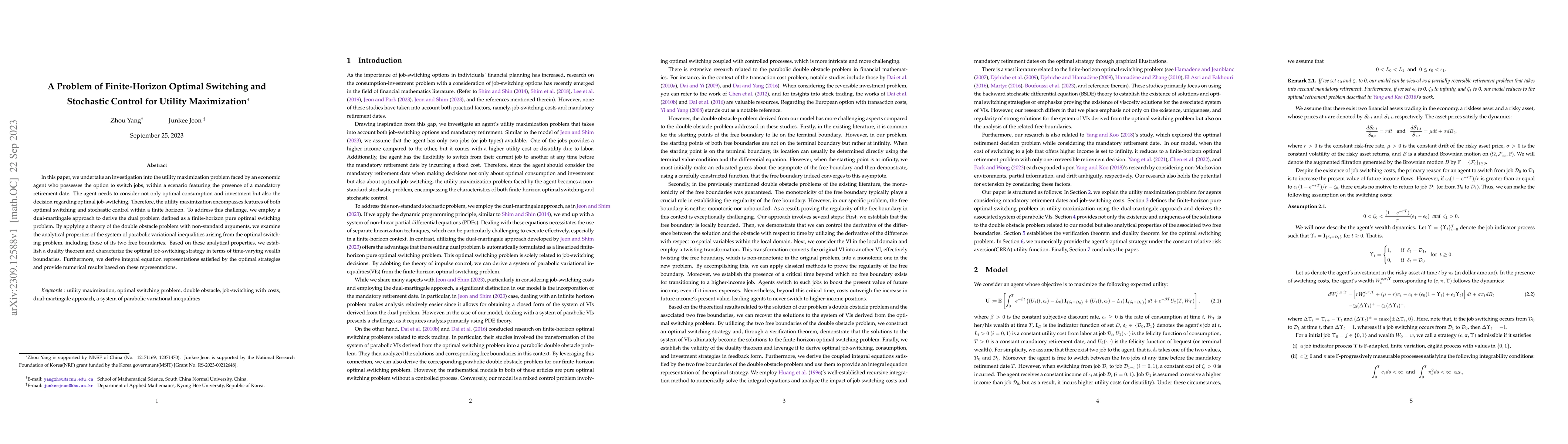 Thumbnail for A Problem of Finite-Horizon Optimal Switching and Stochastic Control for
  Utility Maximization