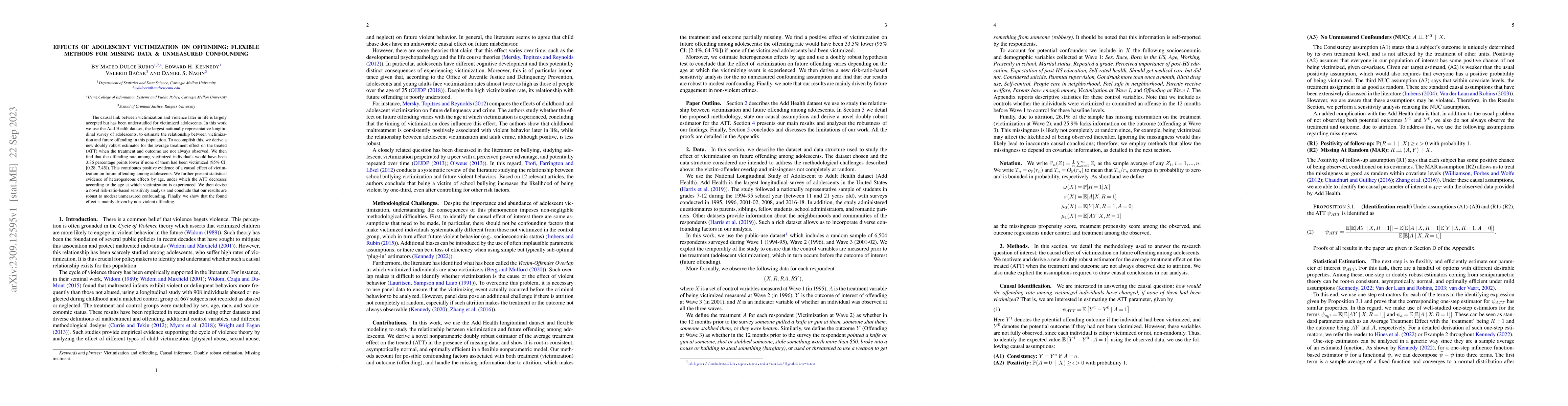 Thumbnail for Effects of Adolescent Victimization on Offending: Flexible Methods for
  Missing Data & Unmeasured Confounding