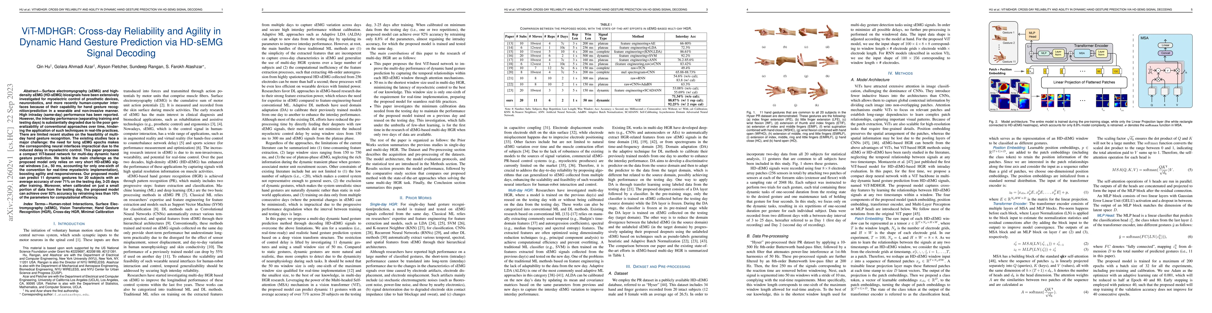 Thumbnail for ViT-MDHGR: Cross-day Reliability and Agility in Dynamic Hand Gesture
  Prediction via HD-sEMG Signal Decoding