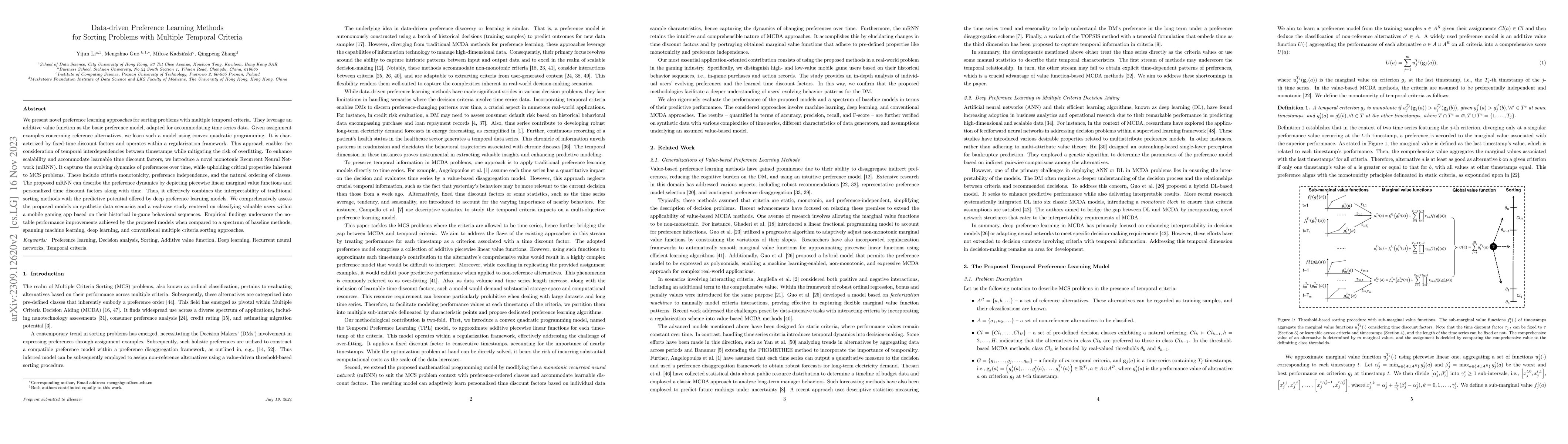 Thumbnail for Data-driven Preference Learning Methods for Sorting Problems with
  Multiple Temporal Criteria