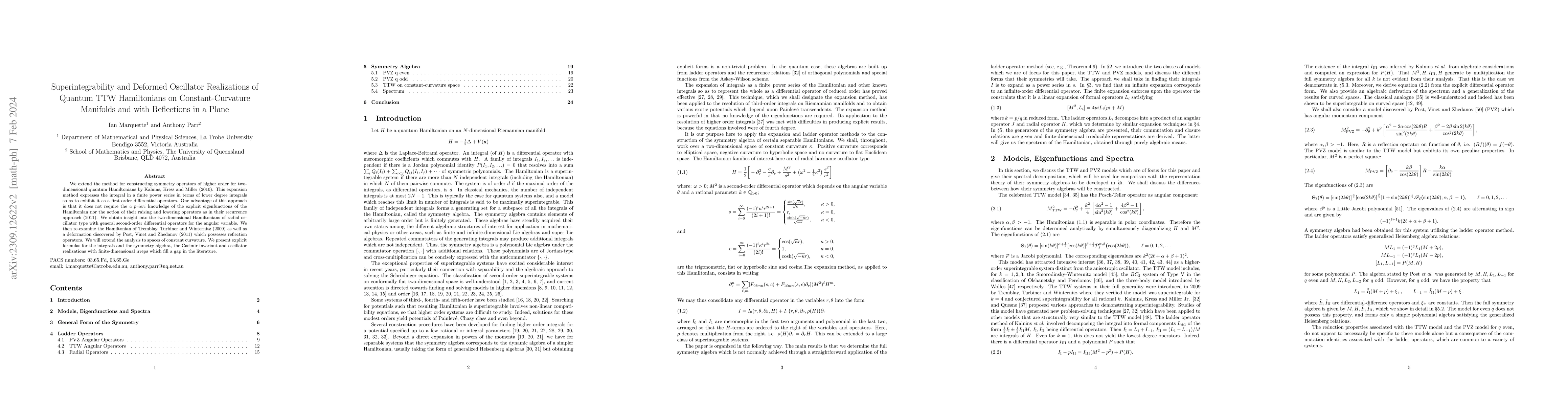 Thumbnail for Superintegrability and Deformed Oscillator Realizations of Quantum TTW
  Hamiltonians on Constant-Curvature Manifolds and with Reflections in a Plane