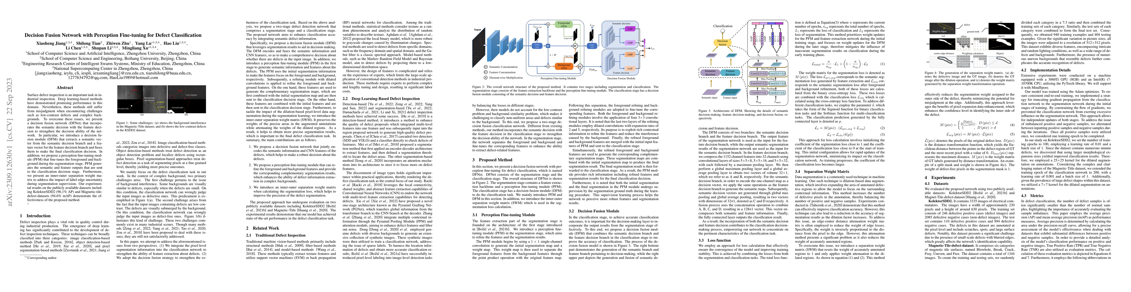 Thumbnail for Decision Fusion Network with Perception Fine-tuning for Defect
  Classification