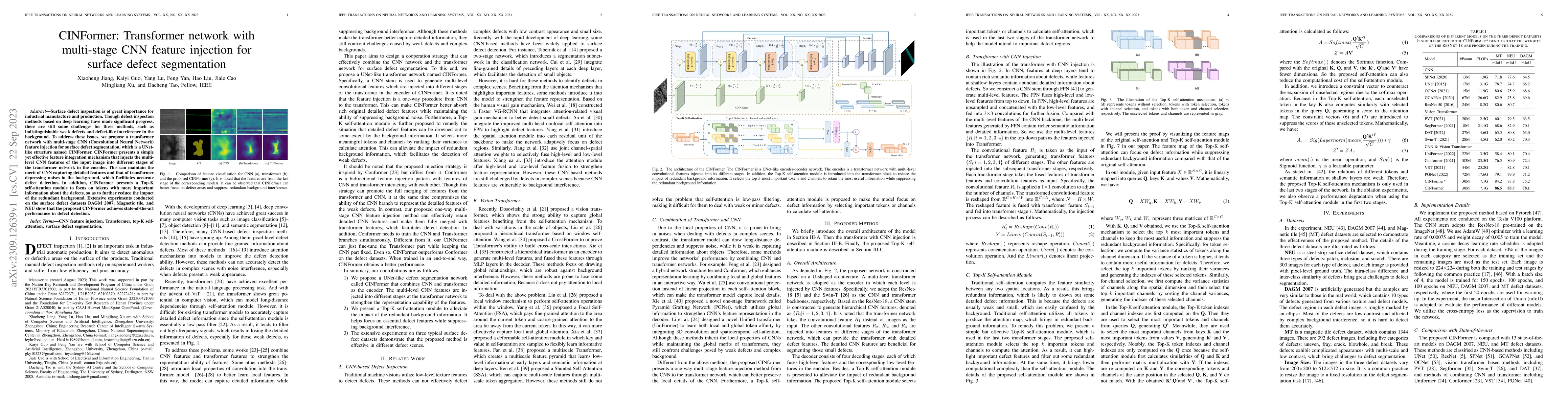 Thumbnail for CINFormer: Transformer network with multi-stage CNN feature injection
  for surface defect segmentation