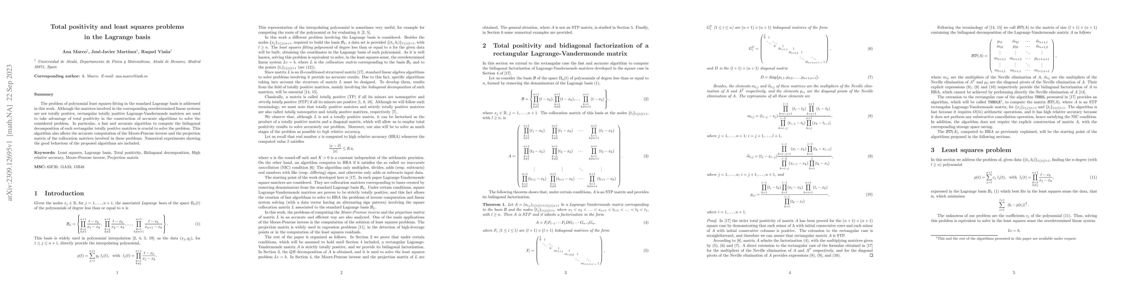 Thumbnail for Total positivity and least squares problems in the Lagrange basis