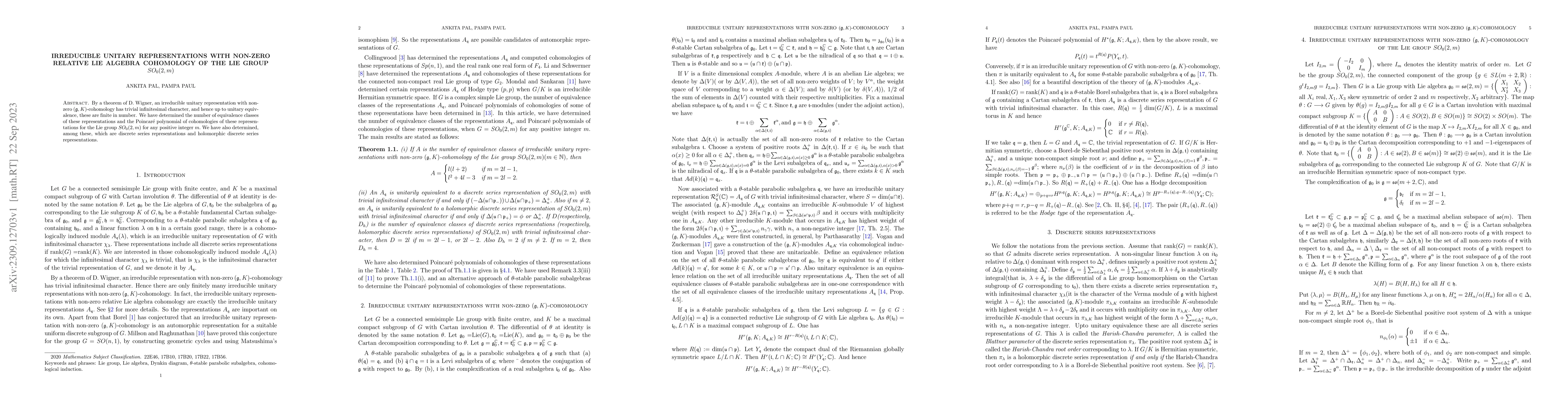 Thumbnail for Irreducible unitary representations with non-zero relative Lie algebra
  cohomology of the Lie group $SO_0(2,m)$