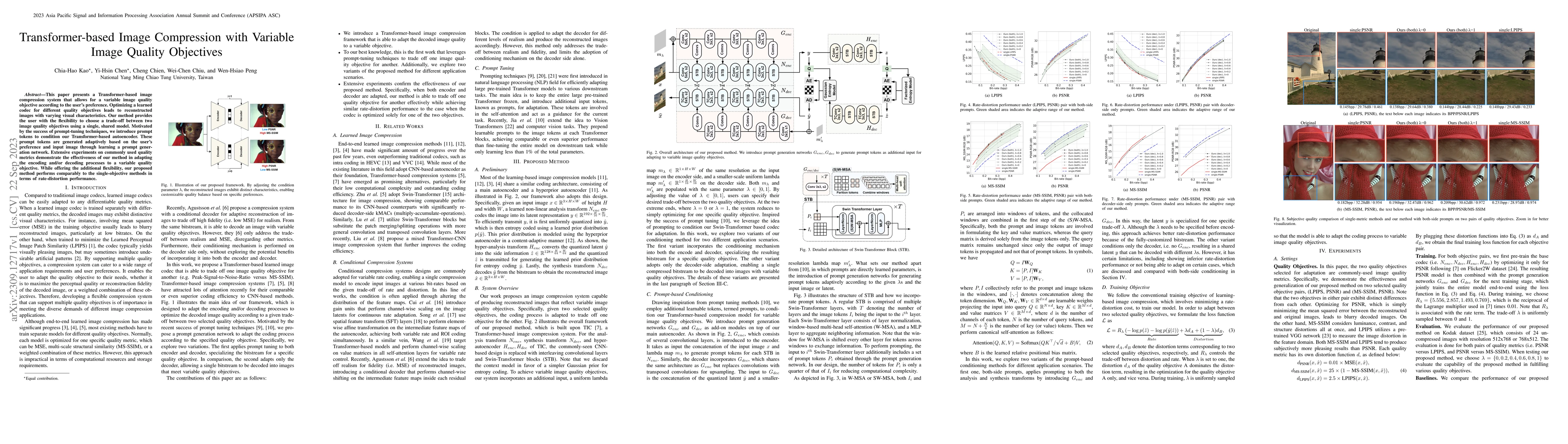 Thumbnail for Transformer-based Image Compression with Variable Image Quality
  Objectives