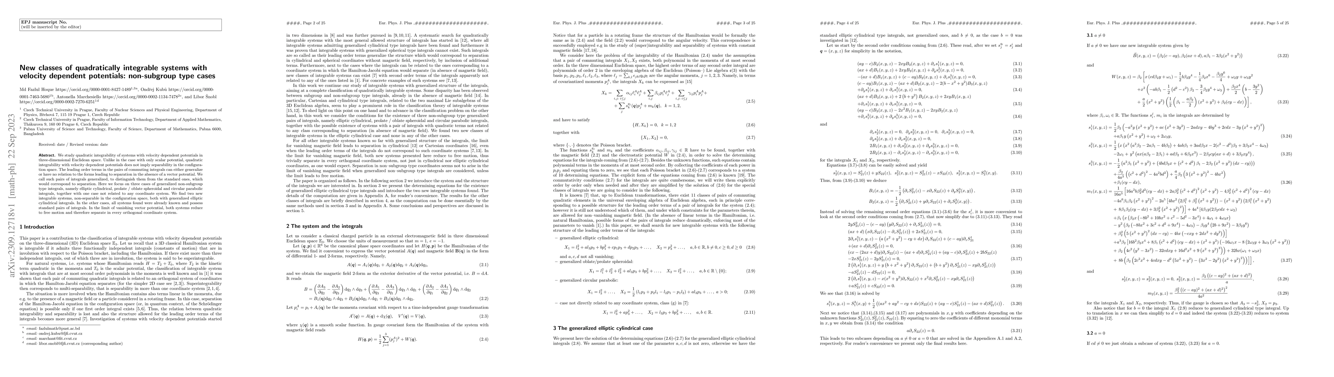 Thumbnail for New classes of quadratically integrable systems with velocity dependent
  potentials: non-subgroup type cases