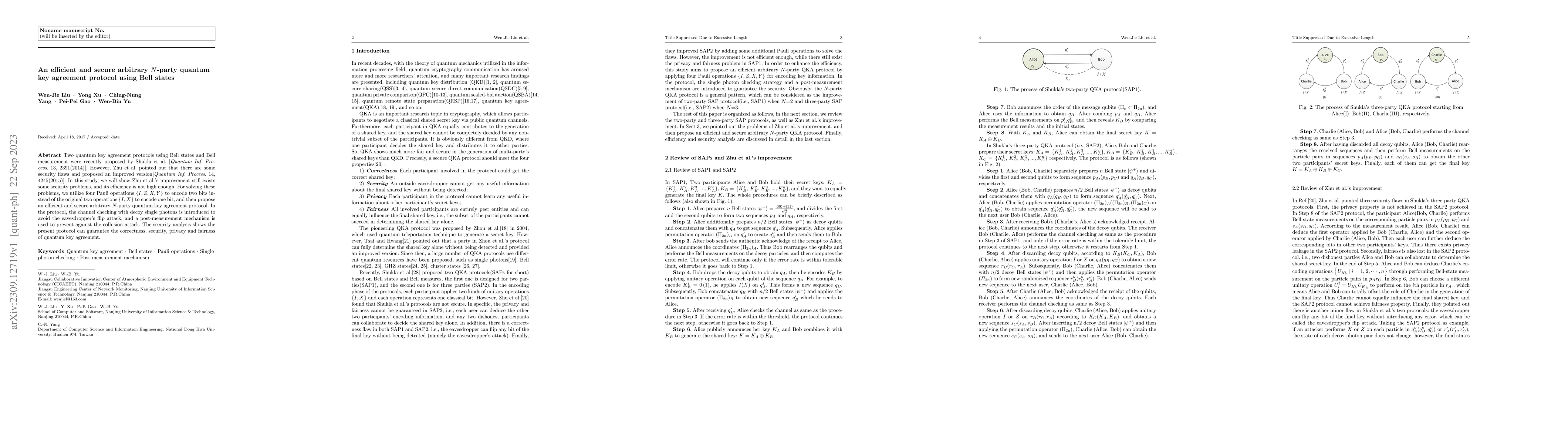 Thumbnail for An Efficient and Secure Arbitrary N-Party Quantum Key Agreement Protocol
  Using Bell States
