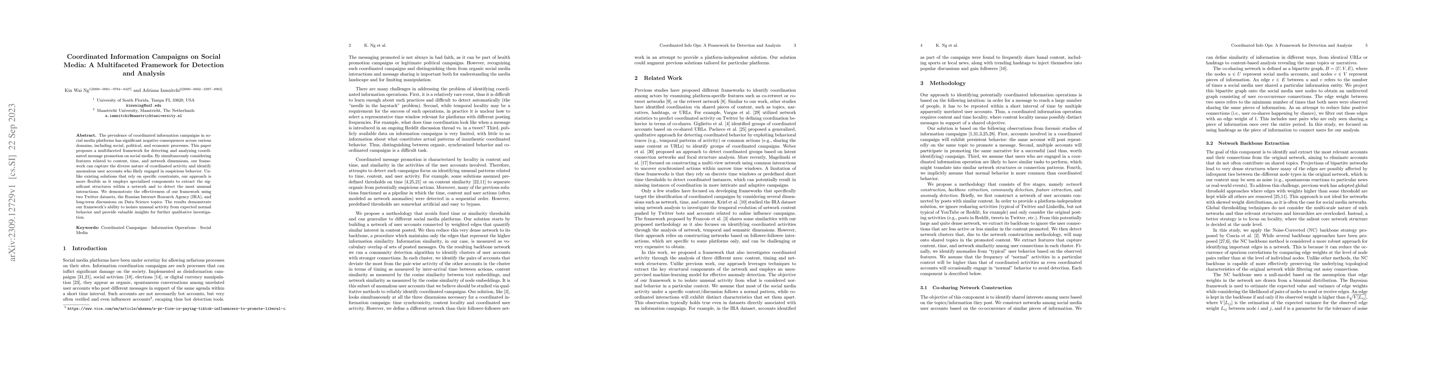 Thumbnail for Coordinated Information Campaigns on Social Media: A Multifaceted
  Framework for Detection and Analysis