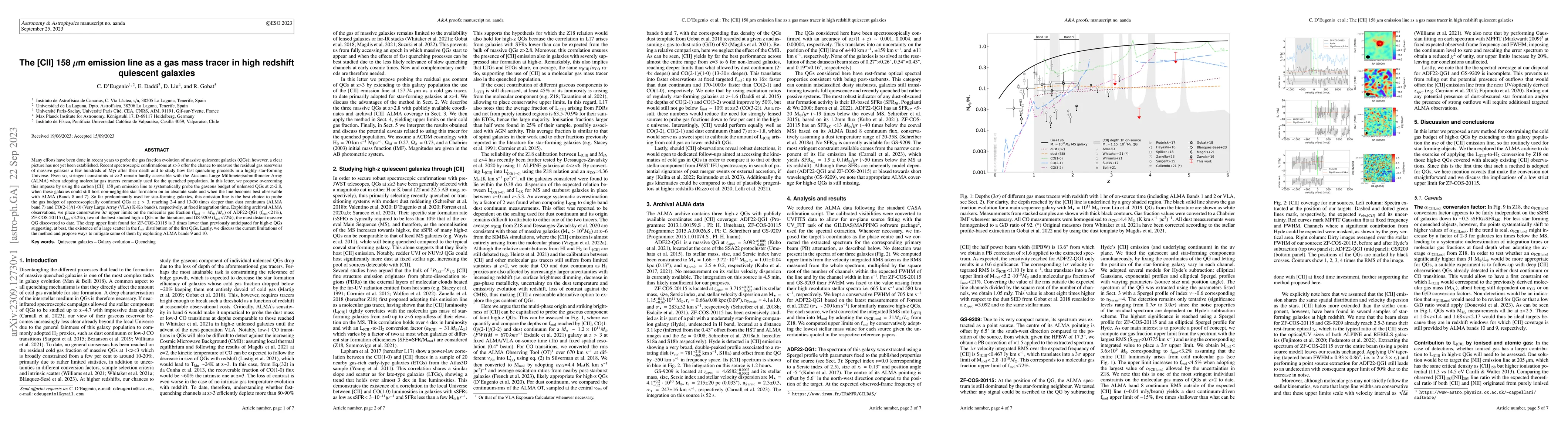 Thumbnail for The [CII] 158 $\mu$m emission line as a gas mass tracer in high redshift
  quiescent galaxies