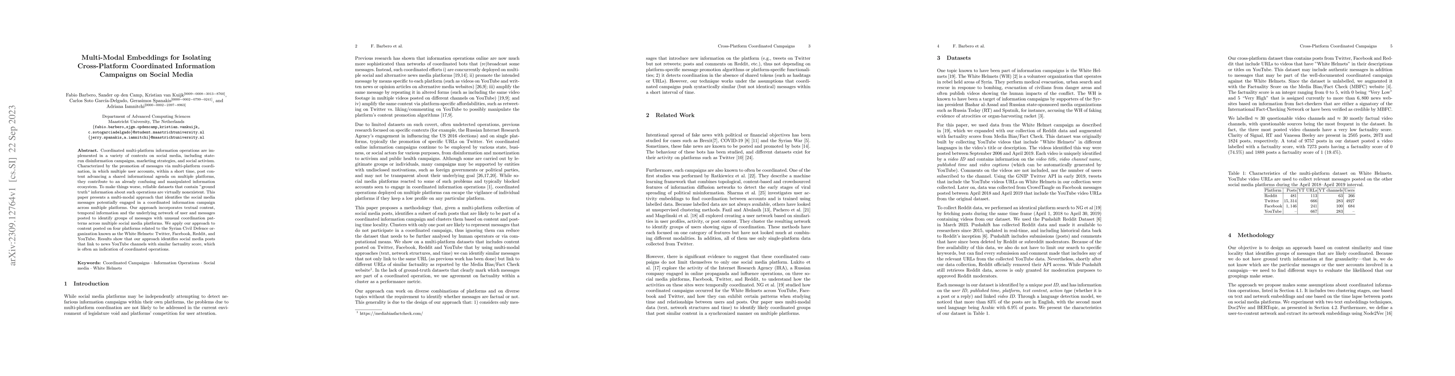 Thumbnail for Multi-Modal Embeddings for Isolating Cross-Platform Coordinated
  Information Campaigns on Social Media