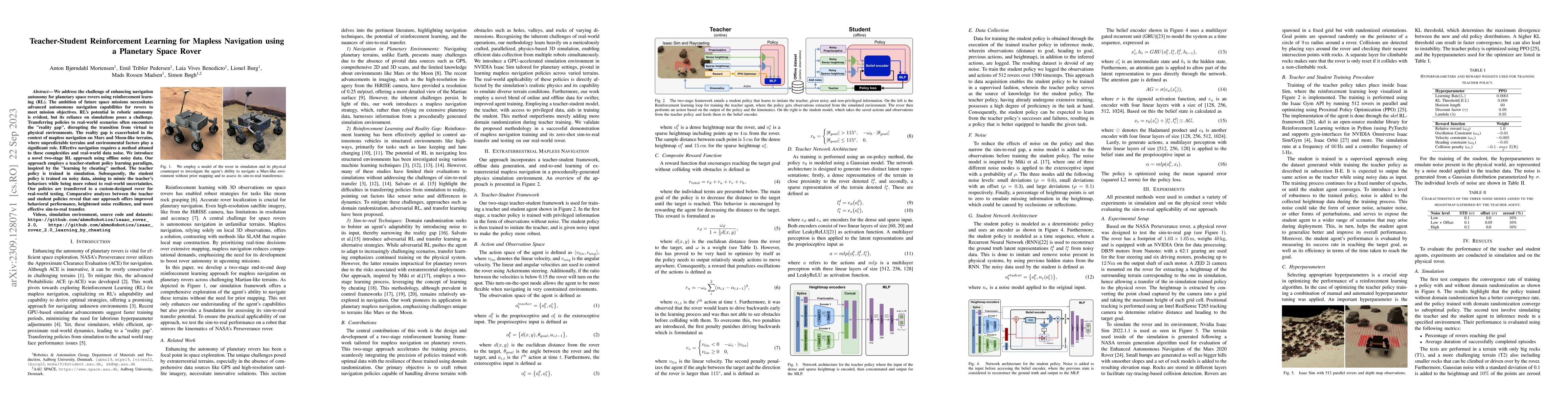 Thumbnail for Teacher-Student Reinforcement Learning for Mapless Navigation using a
  Planetary Space Rover