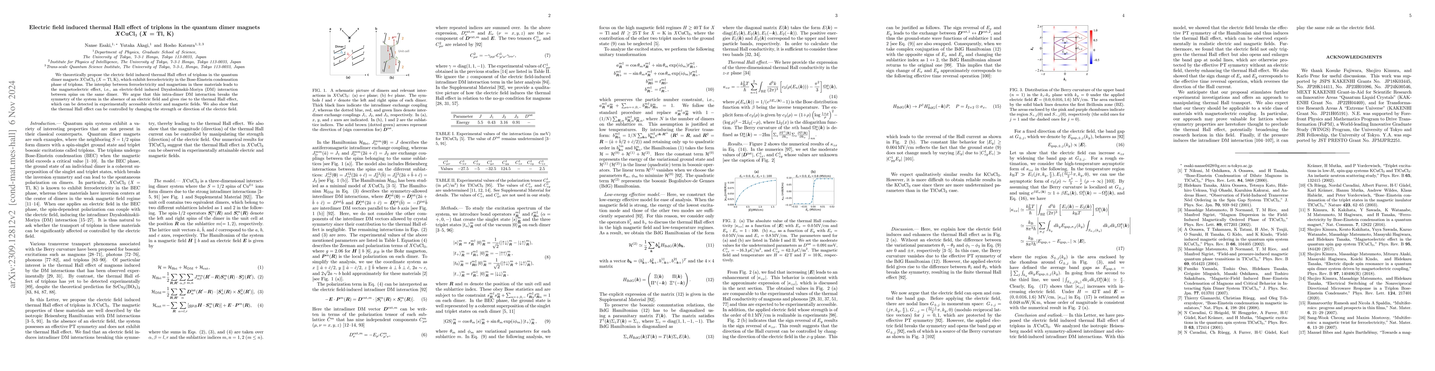 Thumbnail for Electric field induced thermal Hall effect of triplons in the quantum
  dimer magnets $X$CuCl$_{3}$ ($X =$ Tl, K)