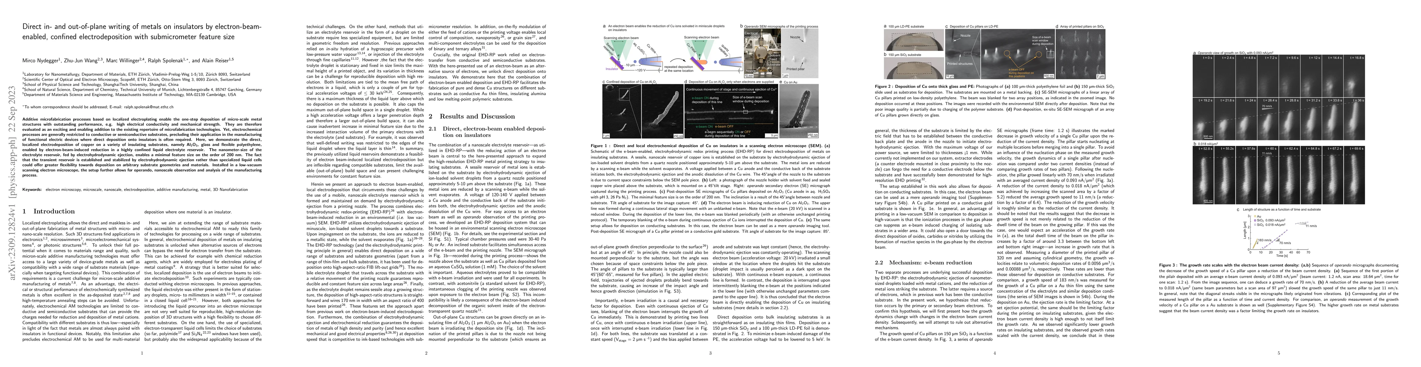 Thumbnail for Direct in- and out-of-plane writing of metals on insulators by
  electron-beam-enabled, confined electrodeposition with submicrometer feature
  size