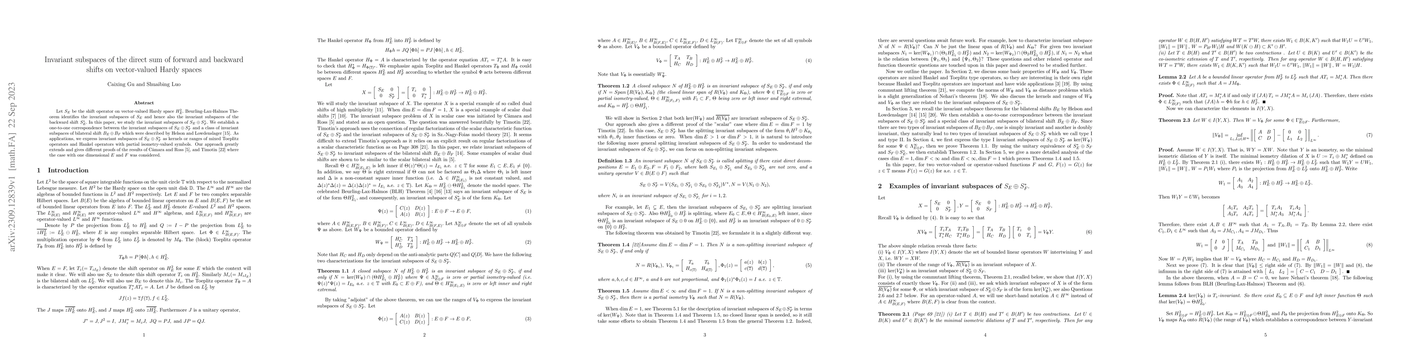Thumbnail for Invariant subspaces of the direct sum of forward and backward shifts on
  vector-valued Hardy spaces