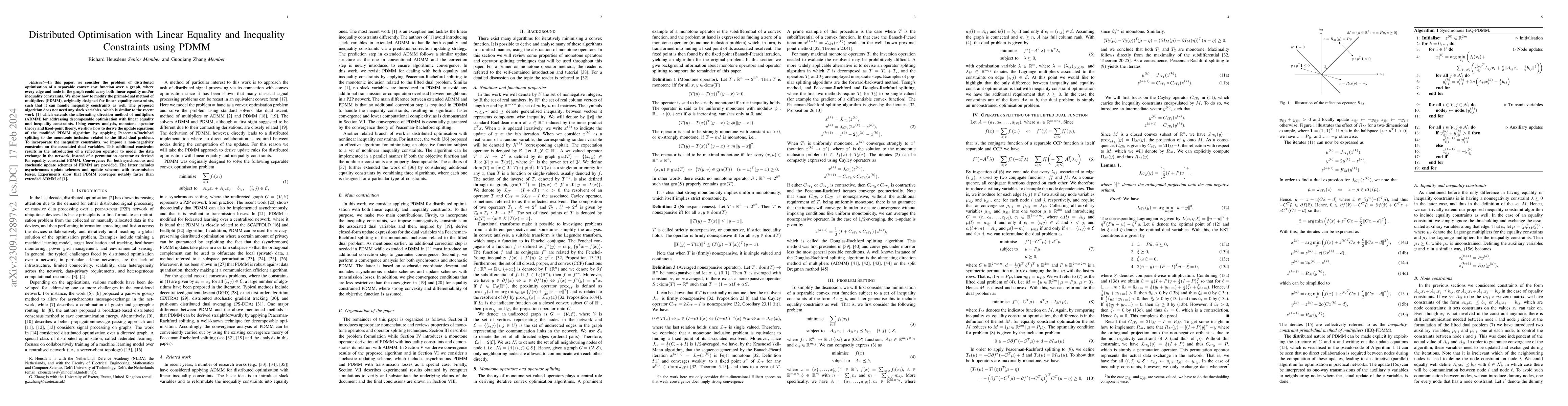 Thumbnail for Distributed Optimisation with Linear Equality and Inequality Constraints
  using PDMM