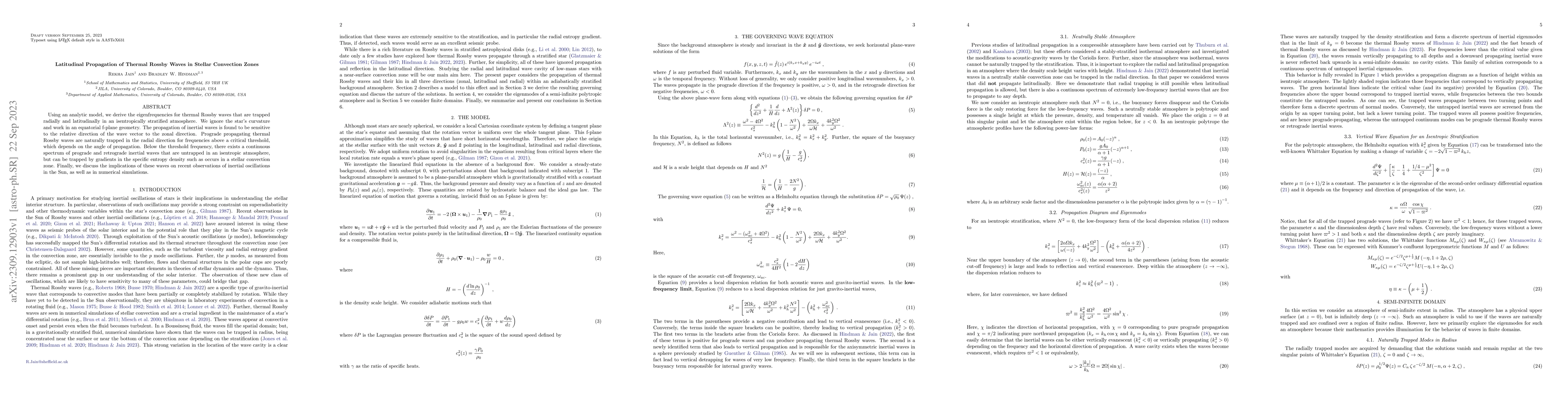 Thumbnail for Latitudinal Propagation of Thermal Rossby Waves in Stellar Convection
  Zones