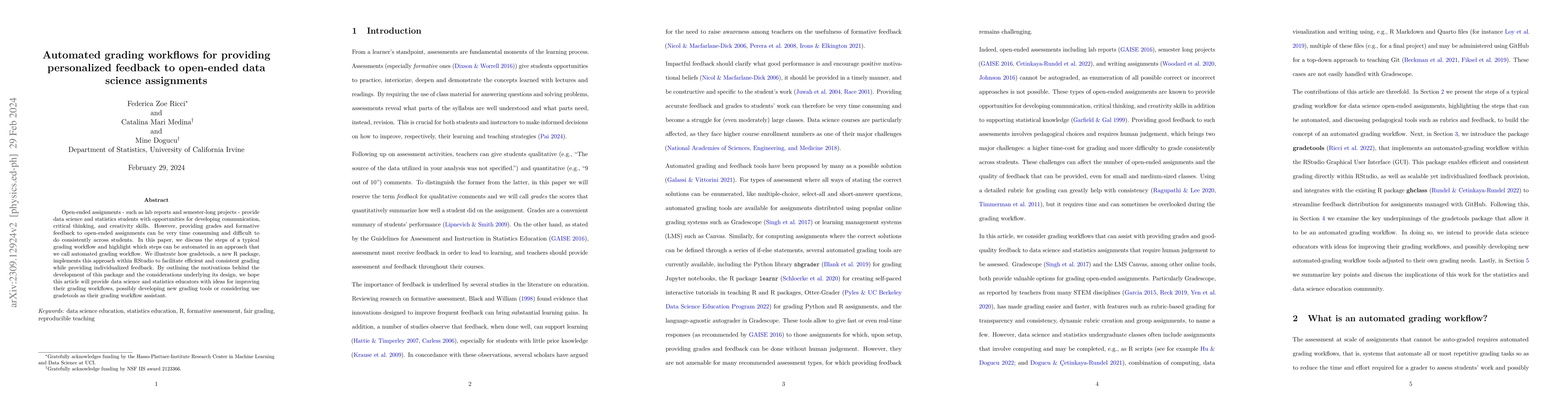 Thumbnail for Automated grading workflows for providing personalized feedback to
  open-ended data science assignments
