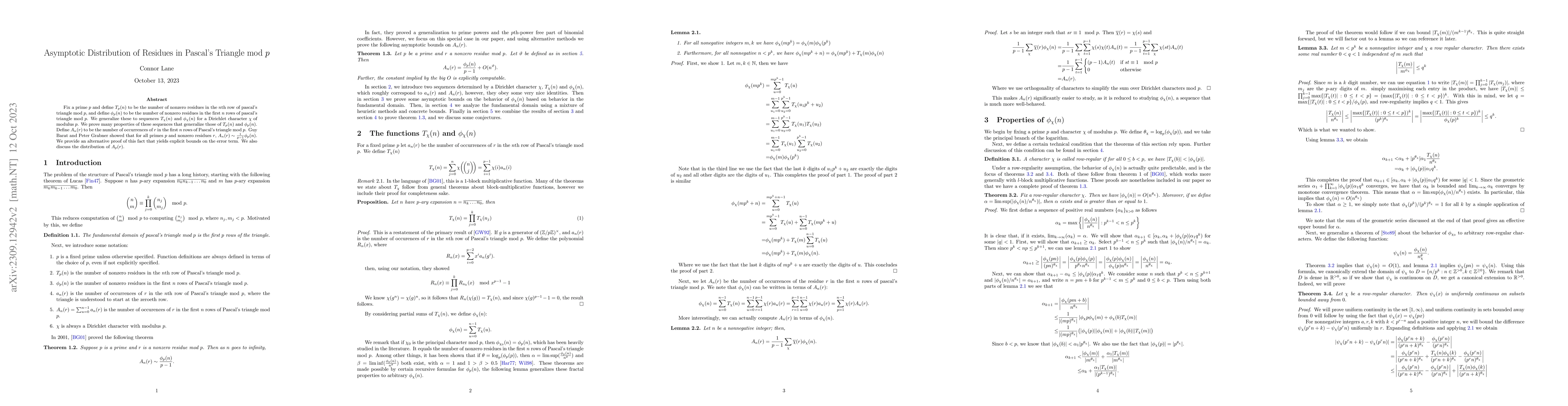 Thumbnail for Asymptotic Distribution of Residues in Pascal's Triangle mod $p$