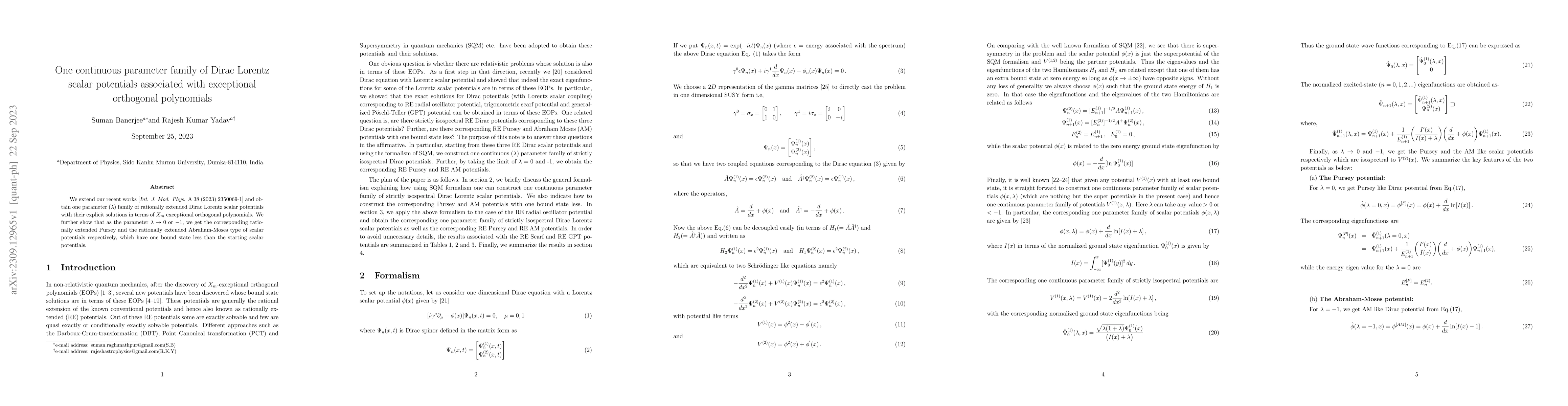Thumbnail for One continuous parameter family of Dirac Lorentz scalar potentials
  associated with exceptional orthogonal polynomials