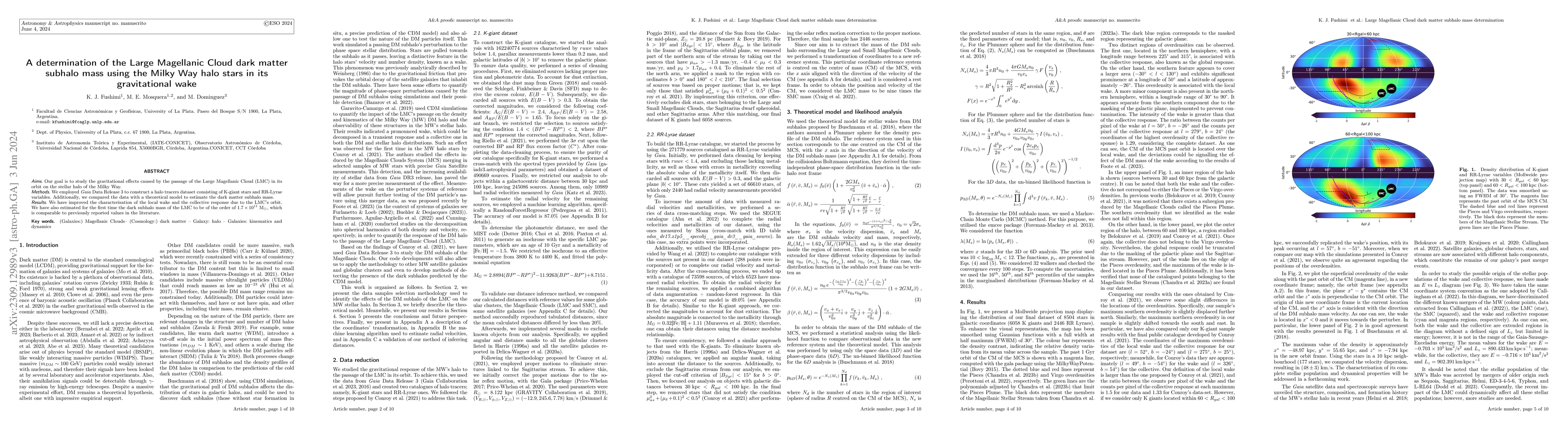 Thumbnail for A determination of the LMC dark matter subhalo mass using the MW halo
  stars in its gravitational wake