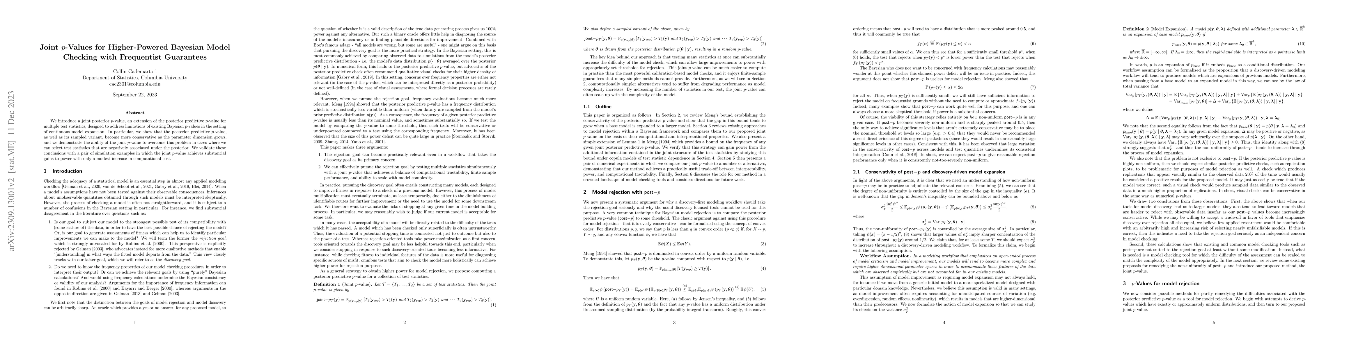 Thumbnail for Joint $p$-Values for Higher-Powered Bayesian Model Checking with
  Frequentist Guarantees