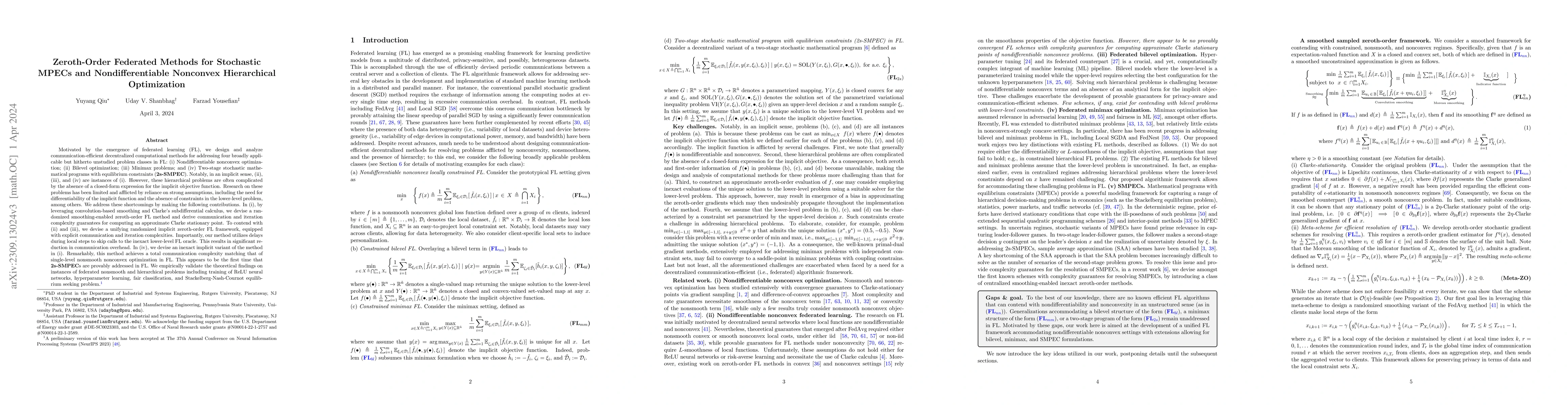 Thumbnail for Zeroth-Order Federated Methods for Stochastic MPECs and
  Nondifferentiable Nonconvex Hierarchical Optimization