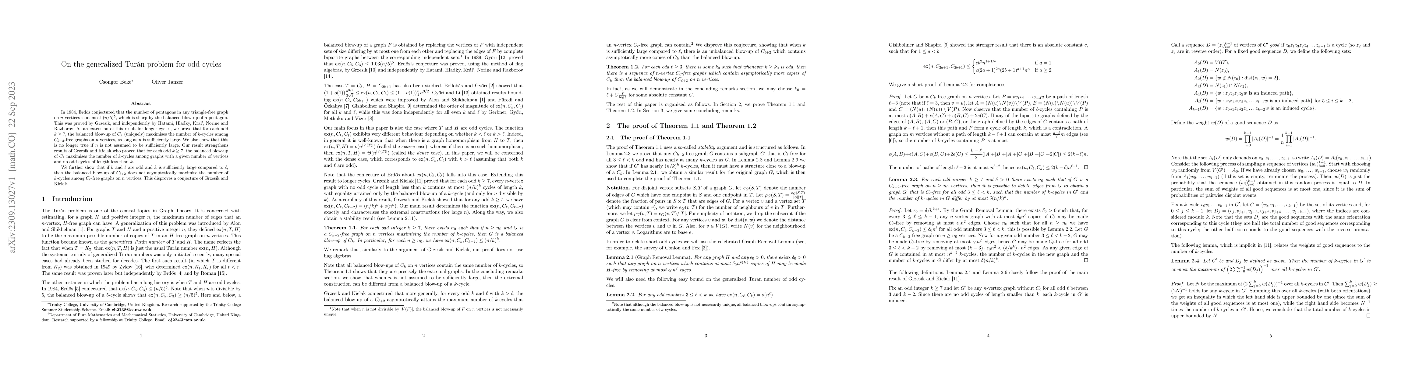 Thumbnail for On the generalized Tur\'an problem for odd cycles