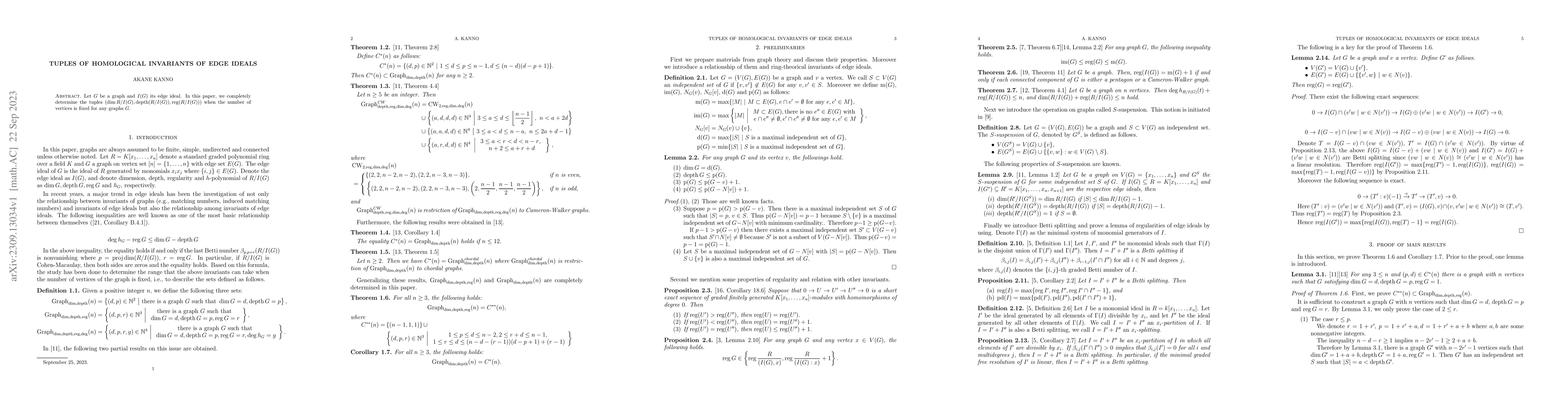 Thumbnail for Tuples of homological invariants of edge ideals