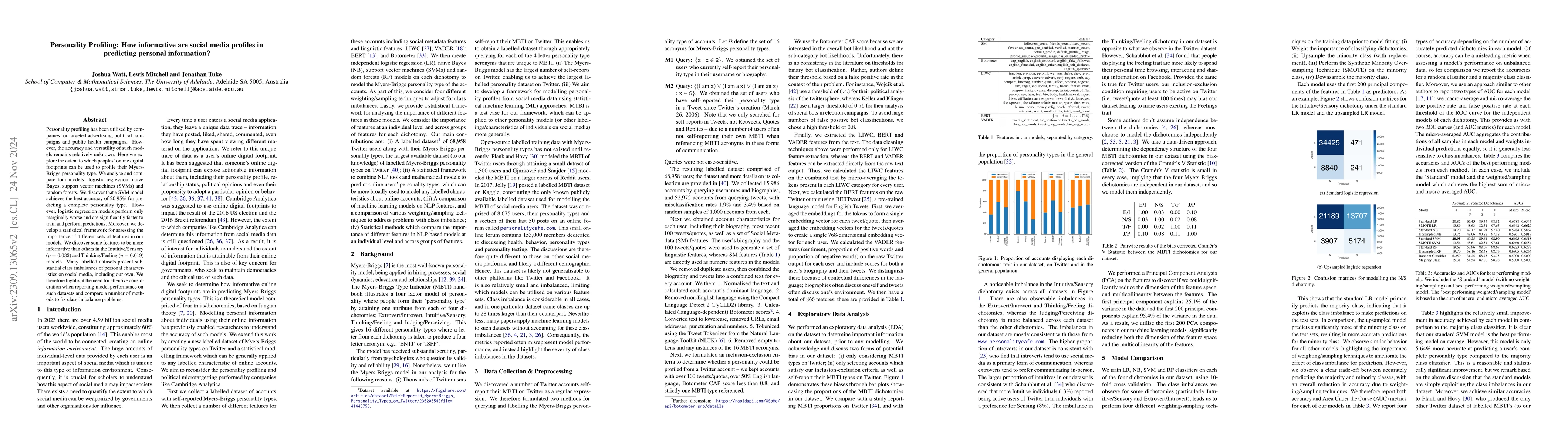 Thumbnail for Personality Profiling: How informative are social media profiles in
  predicting personal information?