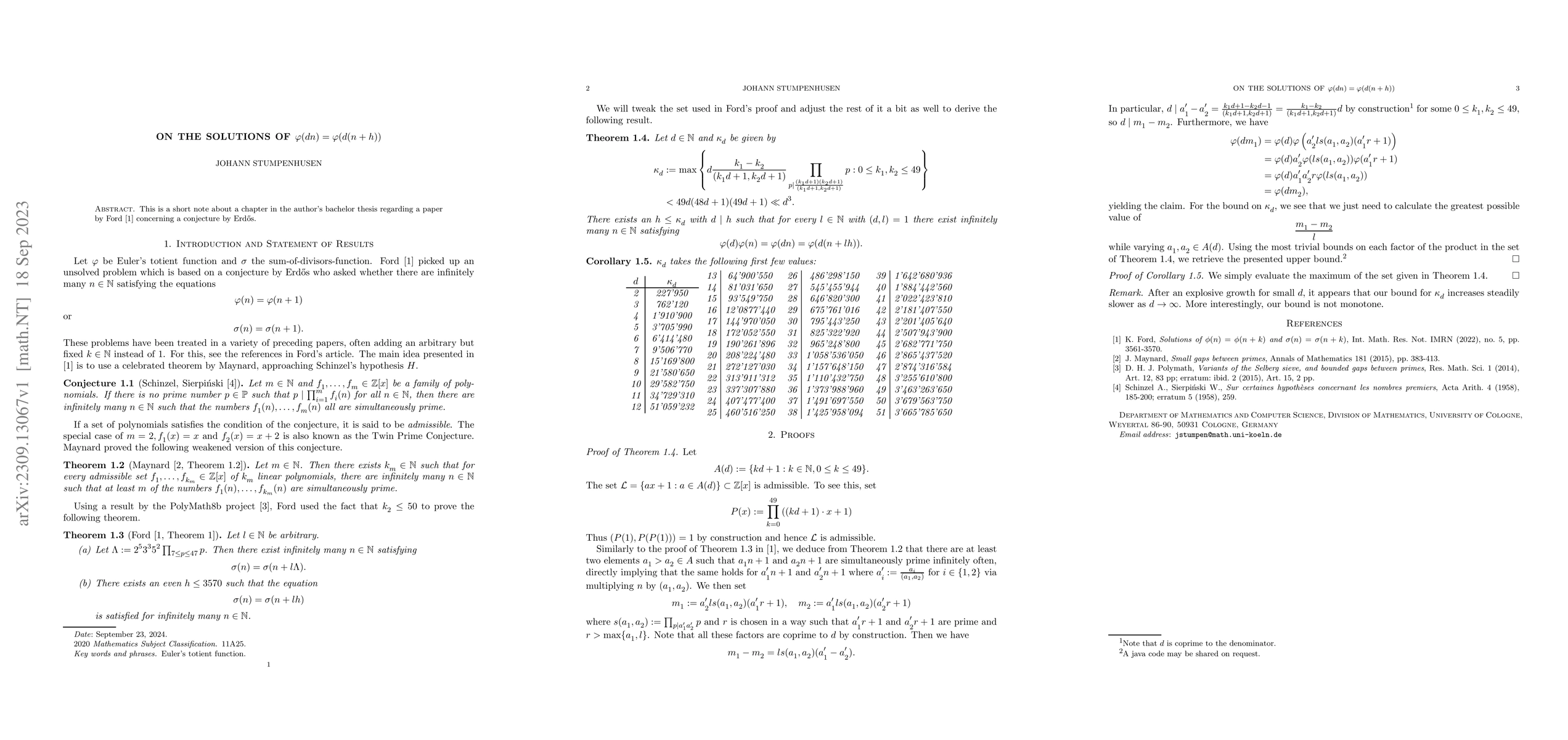 Thumbnail for On the solutions of $\varphi(dn) = \varphi(d(n+h))$