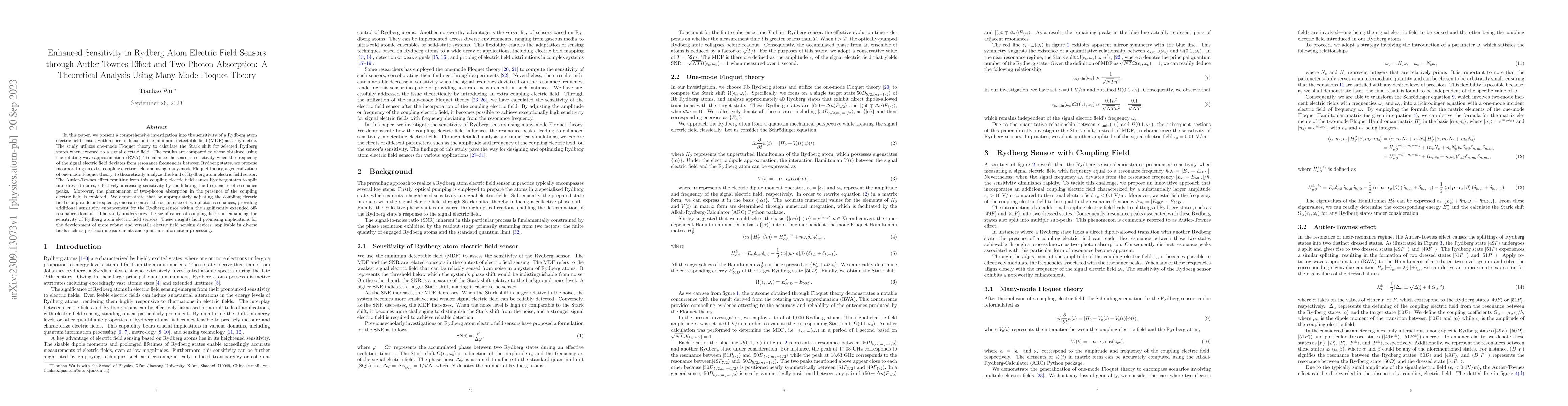 Thumbnail for Enhanced Sensitivity in Rydberg Atom Electric Field Sensors through
  Autler-Townes Effect and Two-Photon Absorption: A Theoretical Analysis Using
  Many-Mode Floquet Theory