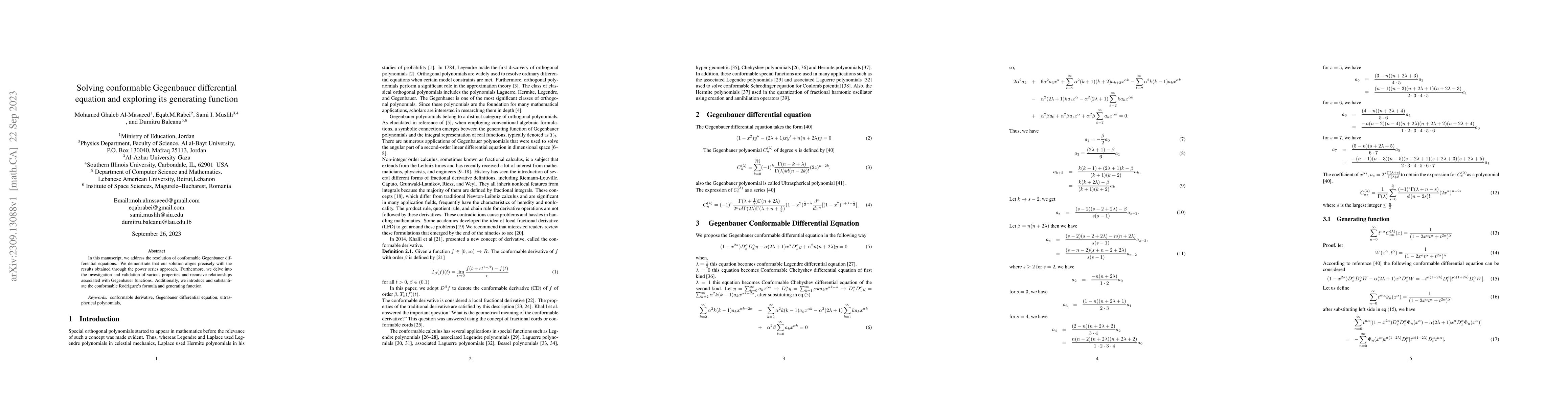 Thumbnail for Solving conformable Gegenbauer differential equation and exploring its
  generating function