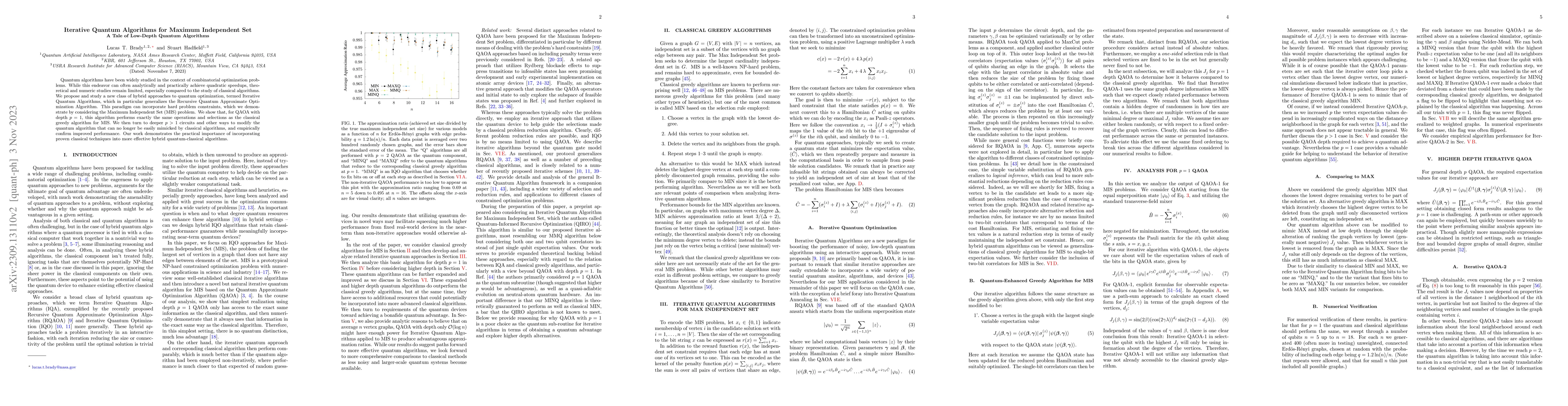 Thumbnail for Iterative Quantum Algorithms for Maximum Independent Set: A Tale of
  Low-Depth Quantum Algorithms