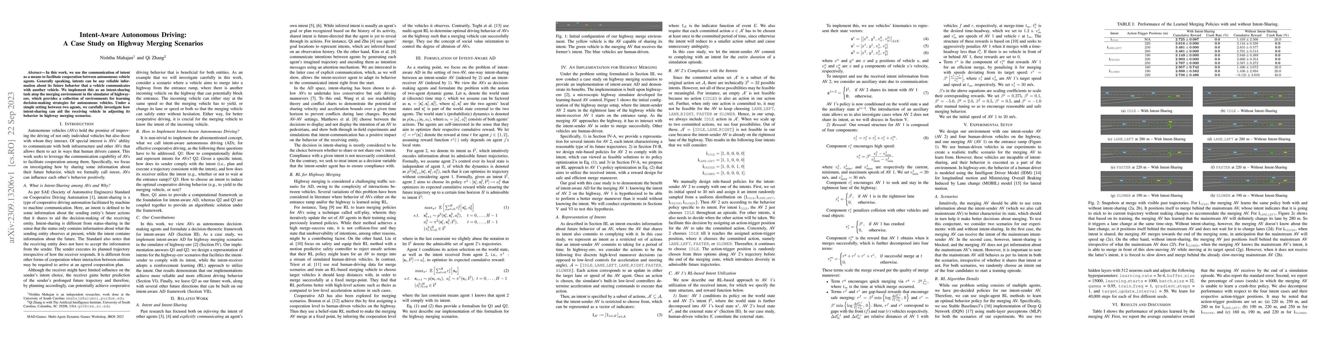 Thumbnail for Intent-Aware Autonomous Driving: A Case Study on Highway Merging
  Scenarios