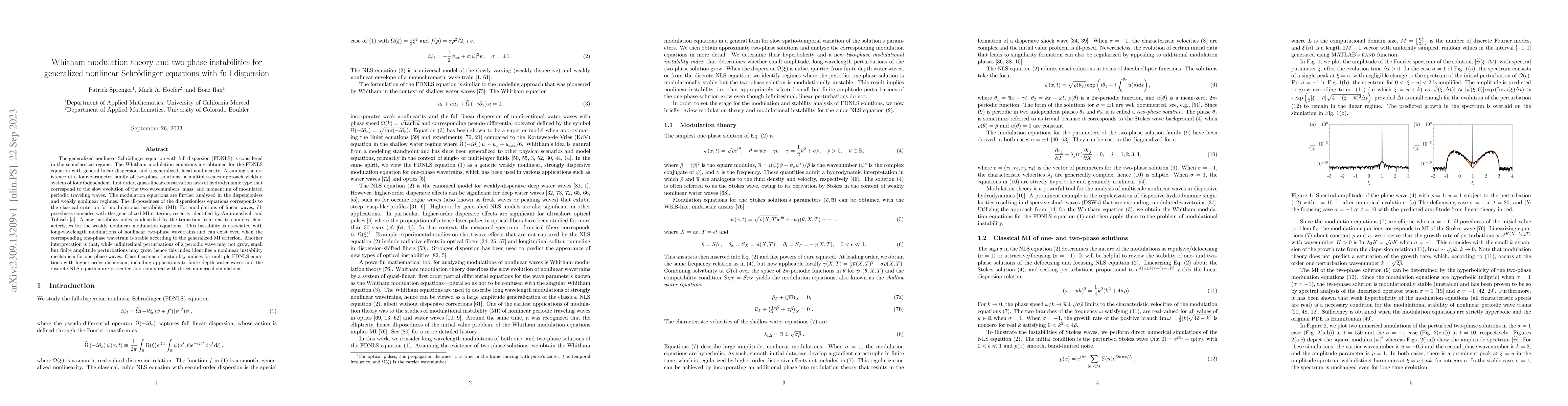Thumbnail for Whitham modulation theory and two-phase instabilities for generalized
  nonlinear Schr\"{o}dinger equations with full dispersion